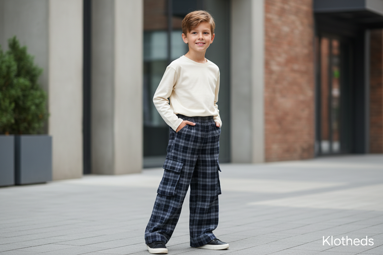 Ragazzo con pantaloni cargo a quadri blu