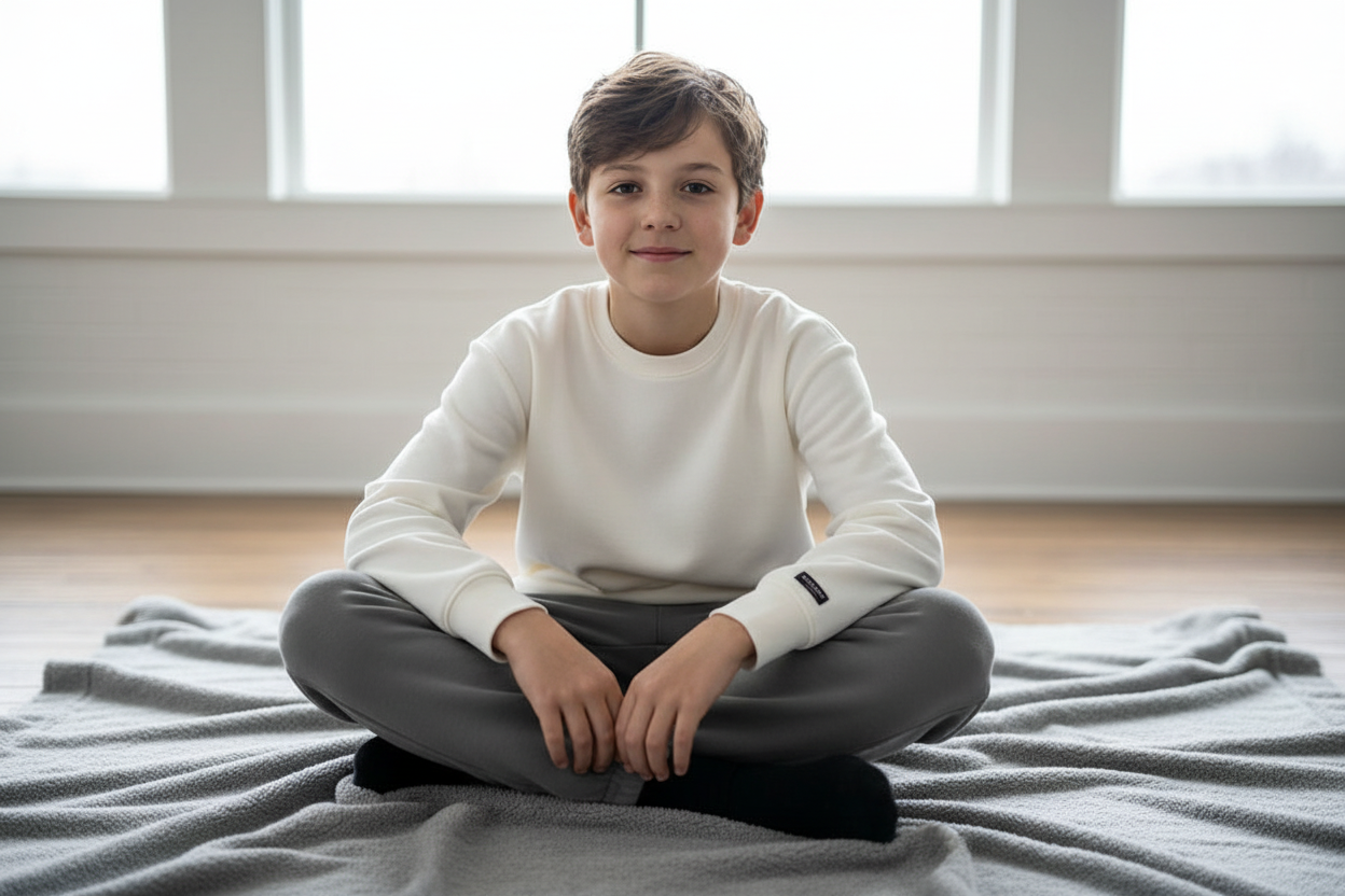 Ragazzo con pantaloni invernali grigi
