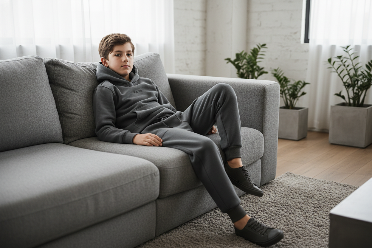 Ragazzo con pantaloni jogging grigi