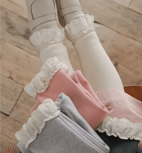 Set 3 leggings con pizzo a vita alta per bambina – rosa, beige e grigio - Klotheds