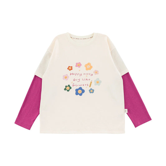 T-shirt a maniche lunghe finta a due pezzi con stampa cartoon per bambino – beige, gialla, rosa o blu - Klotheds