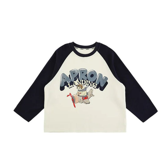 T-shirt blu a maniche lunghe con stampa orsetto su aeroplano per bambino - Klotheds