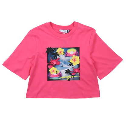 msgm - JERSEY CROPPED T-SHIRT GIRL FUCHSIA/FUCHS